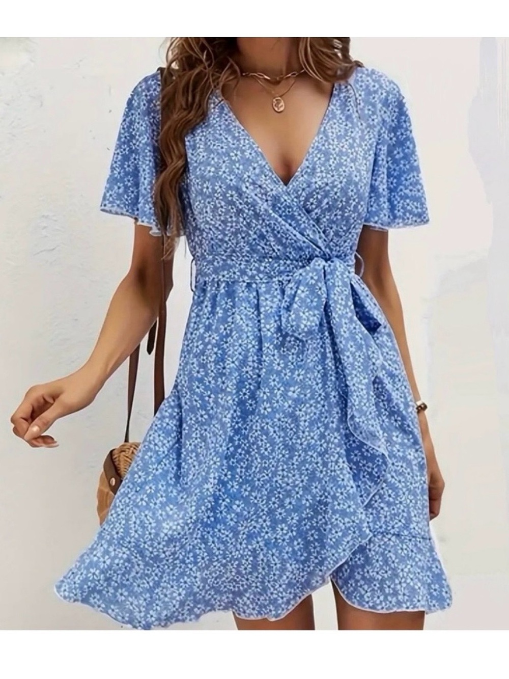 Sky Blue Floral Wrap Mini Dress with Tie Waist
